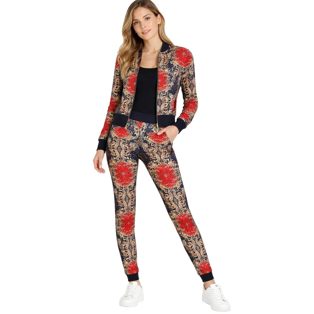 Fashion Nova Tracksuit Set Womens S Red Navy Baroque‎ Print Zip Jacket Leggings